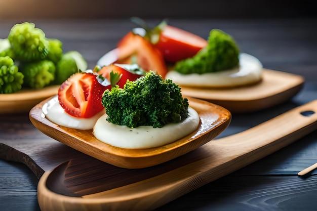 un plateau de brocoli avec une tranche de fraise dessus