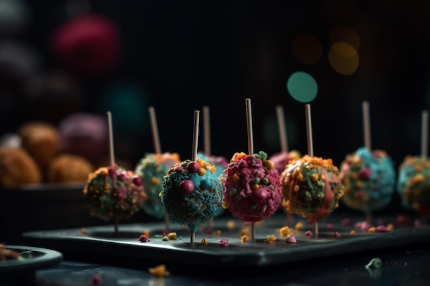 Un plateau de cake pops colorés avec des vermicelles sur le dessus