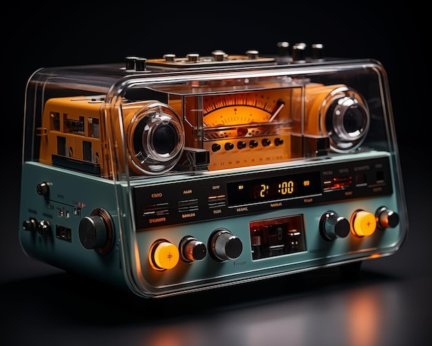 Un plateau de cassettes radio futuriste avec un boombox intégré