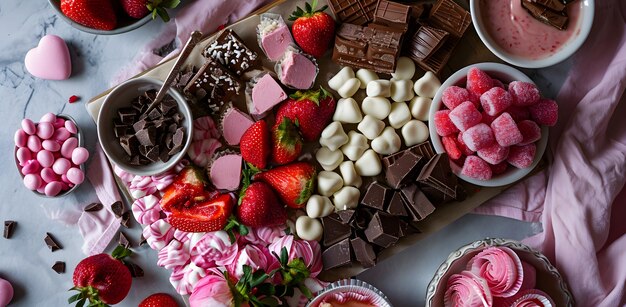 Un plateau de charcuterie pour la fête de la Saint-Valentin est disposé avec des bonbons, des fraises et du chocolat.