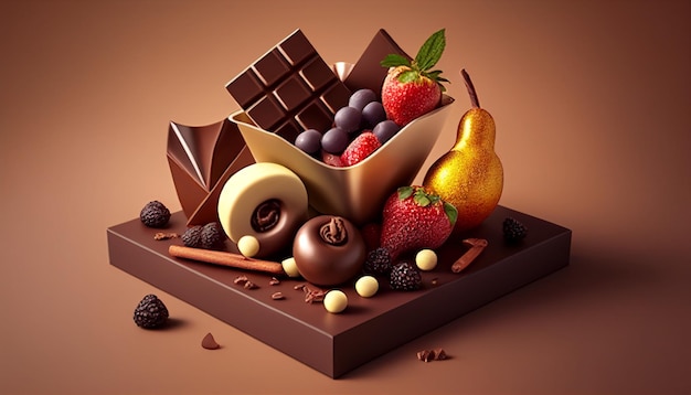 Un plateau de chocolat avec des chocolats et des fruits dessus