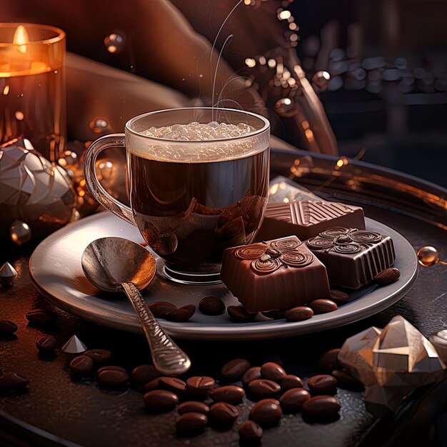 un plateau de chocolats et du café avec une tasse de café et des chocolats