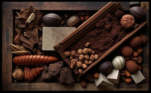 Photo un plateau de chocolats, de noix et de poudre de cacao