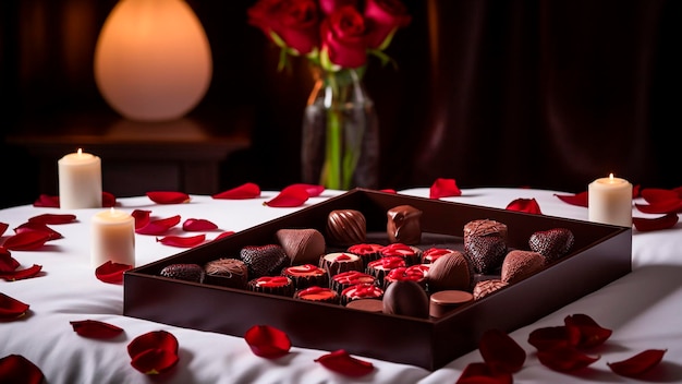 Un plateau de chocolats avec des roses en arrière-plan