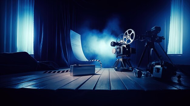 Photo un plateau de cinéma avec une caméra de cinéma et une affiche de film à gauche