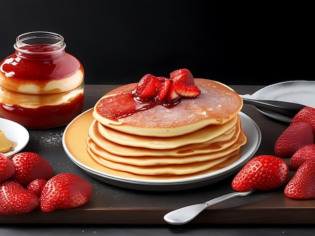 Un plateau de crêpes avec de la confiture de fraises sur une table