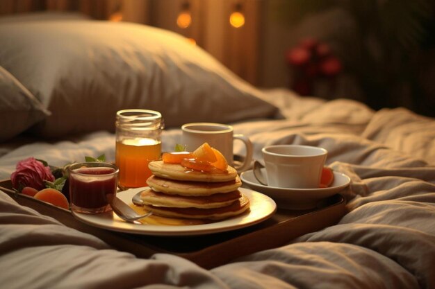 un plateau de crêpes avec du sirop et du café sur le lit.