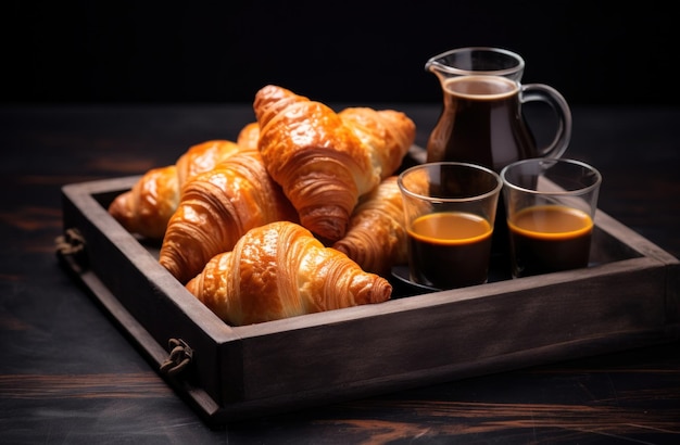 un plateau de croissants, de café et de jus d'orange