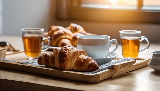 Un plateau de croissants et de café sur une table