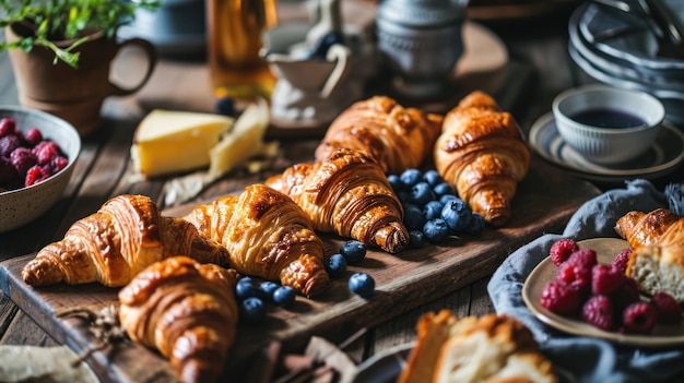 Un plateau de croissants contre une table de brunch