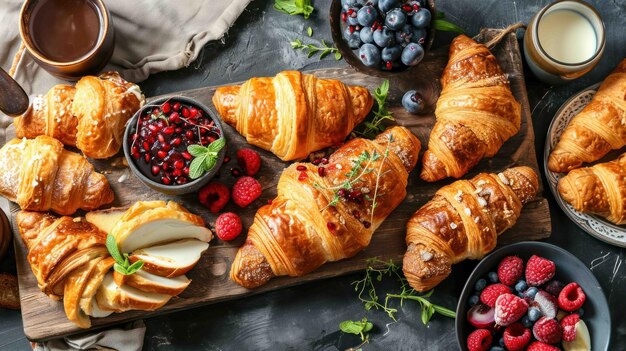 Un plateau de croissants contre une table de brunch