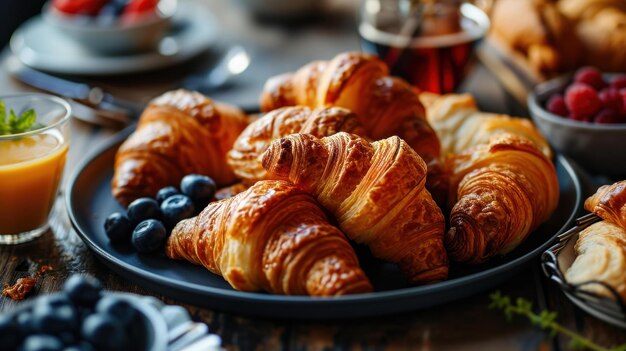 Un plateau de croissants contre une table de brunch