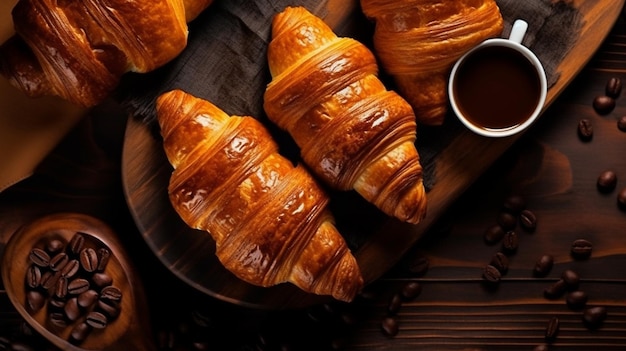 Un plateau de croissants avec des grains de café sur le côté