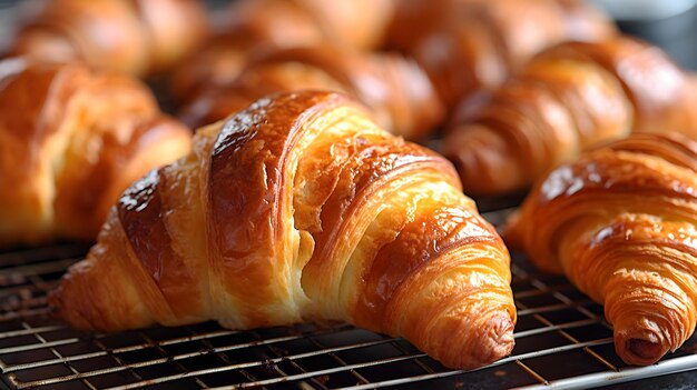 Un plateau de croissants sur une grille avec un en cours de cuisson.