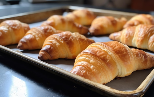 Un plateau de croissants sur une plaque à pâtisserie avec un en cours de cuisson.