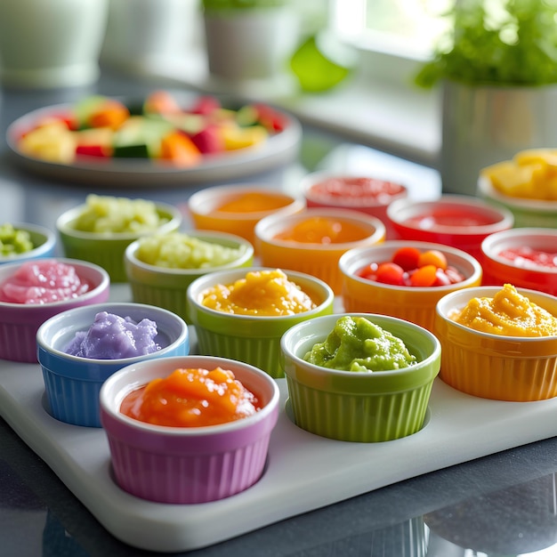 Un plateau de cupcakes colorés avec différentes garnitures sur une table avec un bol de fruits dans le bol