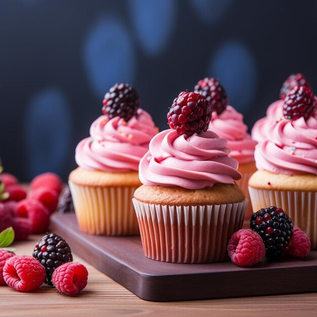 Un plateau de cupcakes avec des framboises et des framboises dessus.