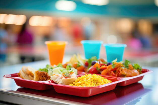 Photo un plateau de déjeuner dans la cantine de l'école ou dans la salle à manger attendant les clients