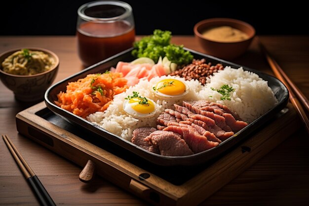 Un plateau à déjeuner de viande de riz varié