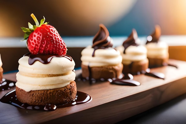 Un plateau de desserts avec une fraise sur le dessus