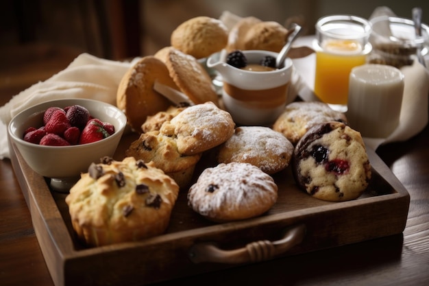 Photo plateau de desserts avec muffins scones et pâtisseries créés avec l'ia générative