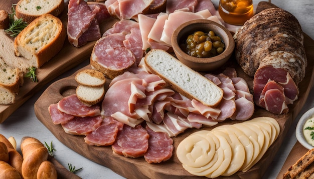 un plateau de différents types d'aliments, y compris du salami et du pain