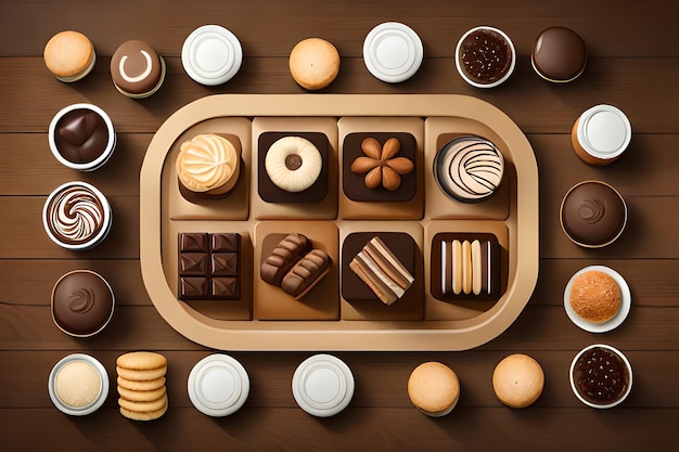 Un plateau de différents types de chocolats sont sur une table.