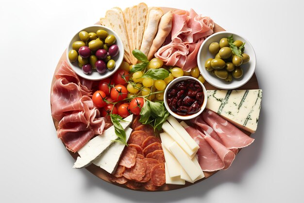 Un plateau de diverses viandes et fromages disposés sur une assiette blanche