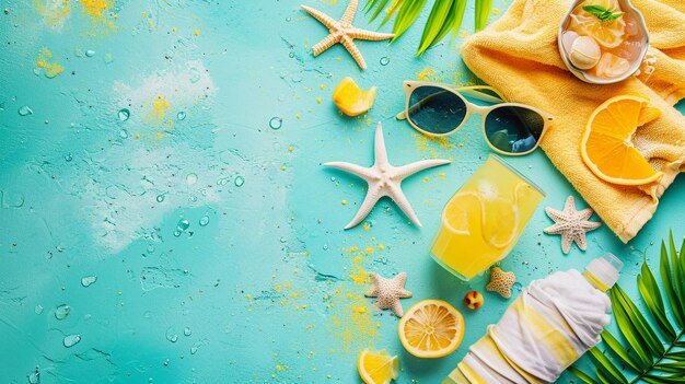 Un plateau d'éléments à thème estival avec des lunettes de soleil, des serviettes de plage et une boisson rafraîchissante
