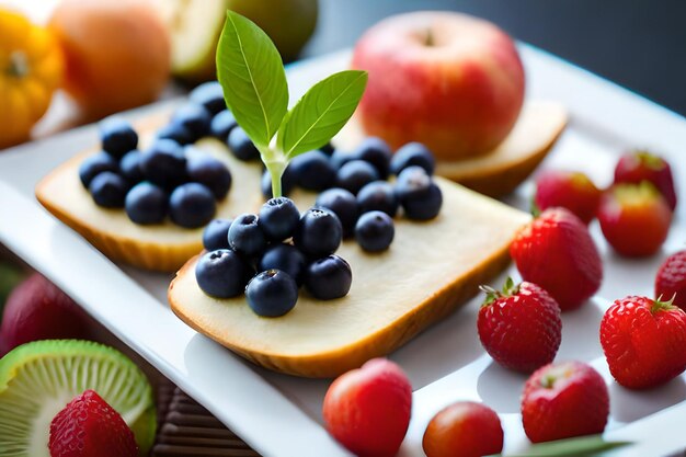 un plateau de fraises et de myrtilles avec une feuille verte dessus