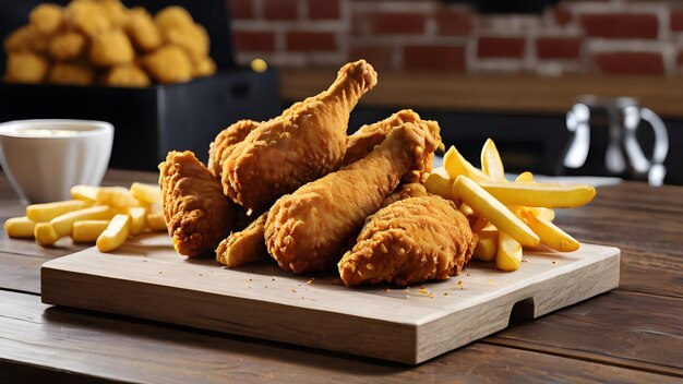 un plateau de frites de poulet frit et de frites sur une table en bois