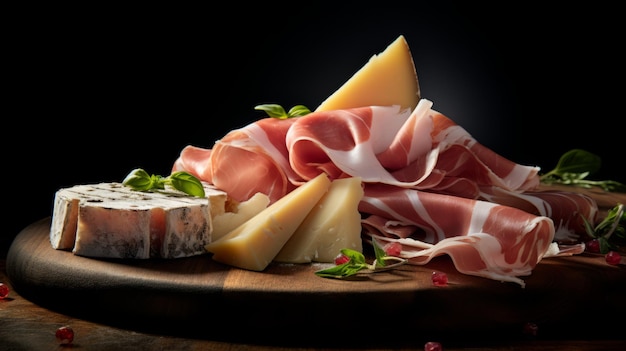 Un plateau de fromage artistique avec du jambon frais et du fromage au style Luca Giordano