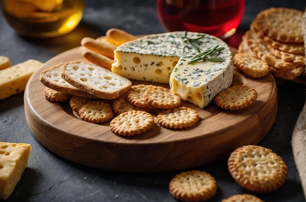 Un plateau de fromage avec des biscuits et des pains artisanaux