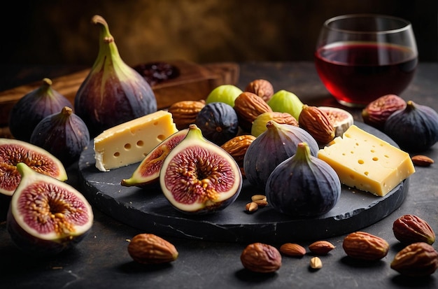 Un plateau de fromage avec des figues, des dattes et des noix