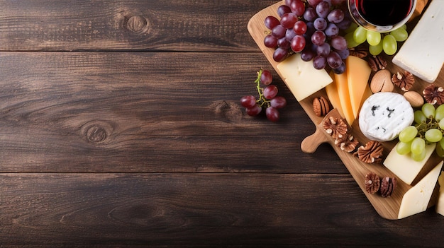 Un plateau de fromage avec des raisins, des noix et du vin disposé avec goût sur une planche de bois rustique