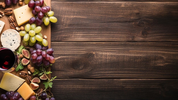 Un plateau de fromage avec des raisins, des noix et du vin disposé avec goût sur une planche de bois rustique