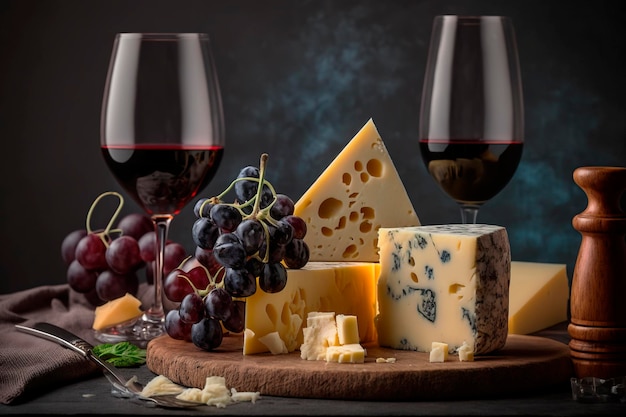 Plateau de fromages accompagné de raisins et verres de vin rouge