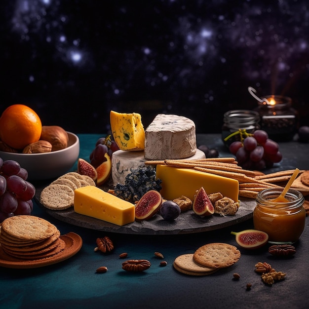 Un plateau de fromages avec une bouteille de vin et un verre de vin sur la table.