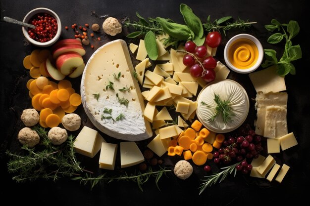 Plateau de fromages déconstruit avec des ingrédients artistiquement placés