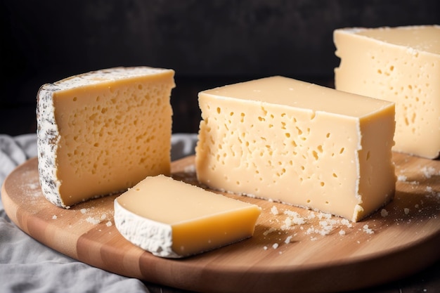 Un plateau de fromages avec une découpe