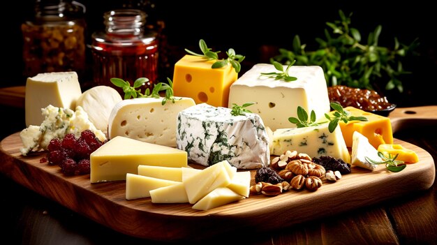 Plateau de fromages avec différents fromages et raisins générés par Ai