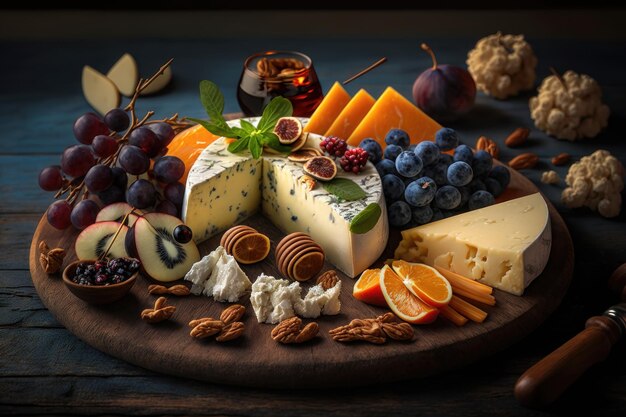 Photo plateau de fromages avec fromages biologiques fruits noix et vin sur fond bois ai generation
