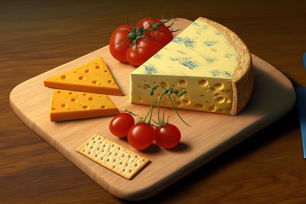 Sur un plateau de fromages, un morceau de fromage Cheddar anglais est accompagné de craquelins et de tomates cerises