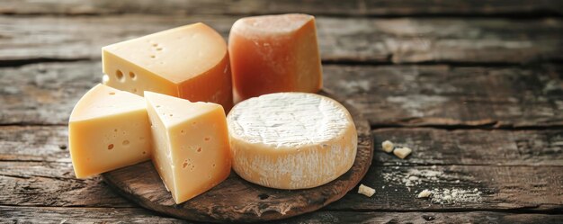 Un plateau de fromages variés sur une assiette en bois