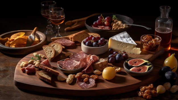 Un plateau de fromages avec un verre de vin et un verre de vin.