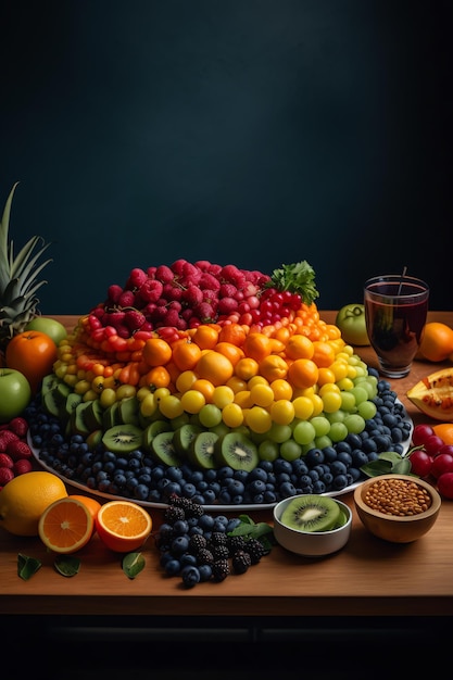 Un plateau de fruits avec un arc-en-ciel de différents fruits dessus.