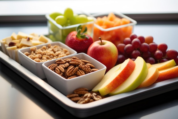 Plateau de fruits frais, noix et barres granola, collations à bord