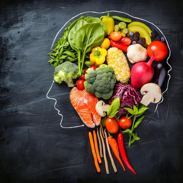 Un plateau de fruits et légumes colorés disposés en forme de cerveau pour fournir une image unique et accrocheuse à utiliser dans le marketing publicitaire
