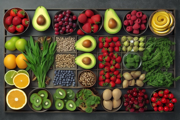Un plateau de fruits et légumes comprenant une variété de fruits et légumes