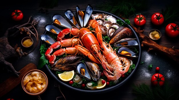 Un plateau de fruits de mer avec un bol de fruits de mer sur la table